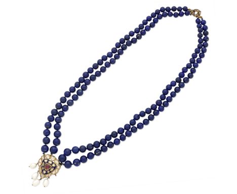 LAPIS AND GEM-SET NECKLACEThe lapis lazuli beads, suspending a pendant set with rose-cut, diamonds and a pink gemstone in foi