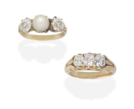 DIAMOND THREE STONE RING AND A CULTURED PEARL AND DIAMOND RING1: Set with three cushion-shaped diamonds, 2: Set with two old 