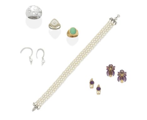 COLLECTION OF JEWELLERY1st: The seed pearl and cushion and rose-cut diamond bracelet, 2nd: The pair of carved amethyst and si