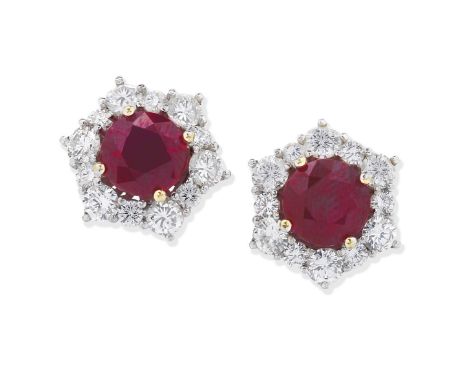 RUBY AND DIAMOND EARRINGSEach circular-cut ruby within a brilliant-cut diamond surround, rubies very approx. 4.00cts total, d