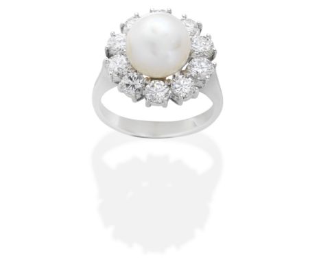CULTURED PEARL AND DIAMOND RINGThe 9.0mm cultured pearl within a brilliant-cut diamond surround, diamonds approx. 1.20cts tot