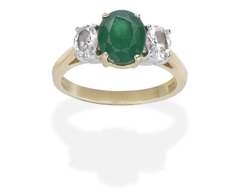 EMERALD AND DIAMOND RING, 2008The oval-cut emerald between oval-cut diamonds, mounted in 18 carat gold, emerald approx. 1.25c