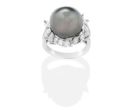 MIKIMOTO: CULTURED PEARL AND DIAMOND RINGThe 13.3mm cultured pearl of grey tint, within a marquise and brilliant-cut diamond 