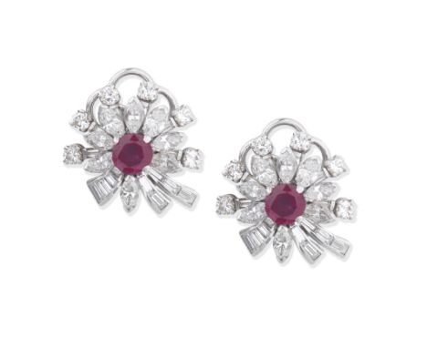 RUBY AND DIAMOND EARCLIPS, MID 20TH CENTURYSet with cushion-shaped rubies and brilliant, marquise and baguette-cut diamonds, 