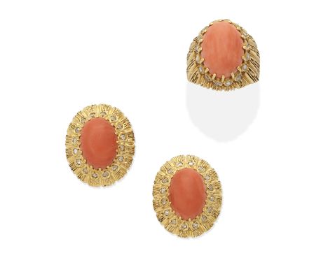 CORAL AND DIAMOND EARCLIP AND RING SUITE,  CIRCA 1970Set with cabochon coral corallium rubrum and rose-cut diamonds, lengths: