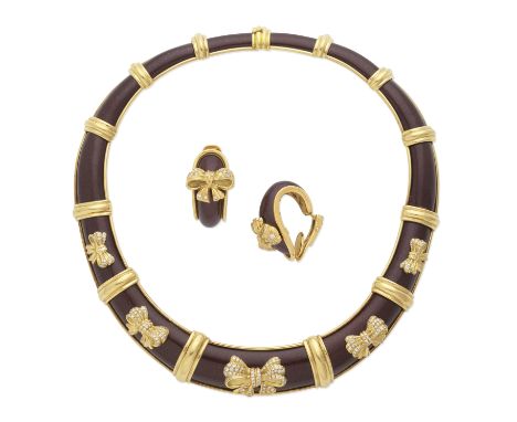 AUDEMARS PIGUET: ENAMEL AND DIAMOND-SET 'MANON' COLLAR AND EARRING SUITE (2)Set with brilliant-cut diamonds and maroon enamel