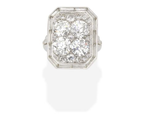 DIAMOND PLAQUE RING, CIRCA 1930Old brilliant, single and baguette-cut diamonds, diamonds approx. 4.00cts total, ring size app