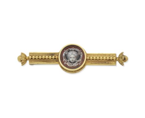 ARCHAEOLOGICAL REVIVAL ENAMEL BROOCH, CIRCA 1870 Decorated with polychrome enamel, length 5.7cm For further information on th
