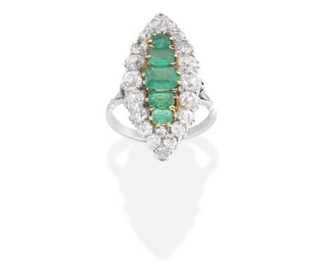 EMERALD AND DIAMOND RINGSet with rectangular step-cut emeralds, and old brilliant and cushion-shaped diamonds, ring size appr