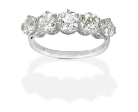 DIAMOND FIVE-STONE RINGOld brilliant and cushion-shaped diamonds of pale yellow tint,  diamonds approx. 2.50cts total,  ring 