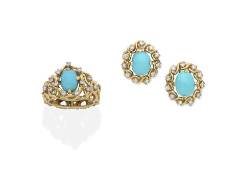 ALAN MARTIN GARD: TURQUOISE AND DIAMOND RING AND EARCLIP SUITE,  1980Set with turquoise cabochons and brilliant-cut diamonds,