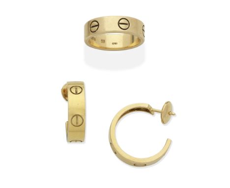 CARTIER: 'LOVE' RING AND EARRING SUITEMounted in 18 carat gold, signed Cartier, numbered, Swiss assay mark, European conventi