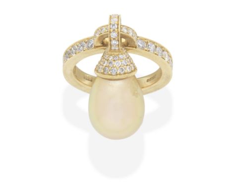 CULTURED PEARL AND DIAMOND RINGSet to the front with brilliant and single-cut diamonds, suspending a 3.5mm cultured pearl dro