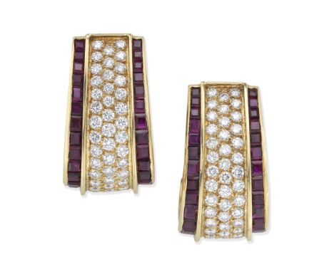 RUBY AND DIAMOND EARRINGSBrilliant-cut diamonds and step-cut rubies, diamonds approx. 2.50cts total, length 2.8cmFor further 