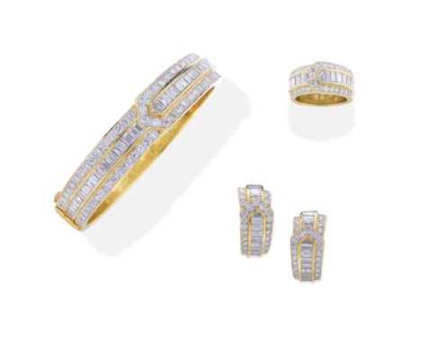 DIAMOND BANGLE, EARRING AND RING SUITEThe hinged bangle, set to the front with brilliant and baguette-cut diamonds, the earri