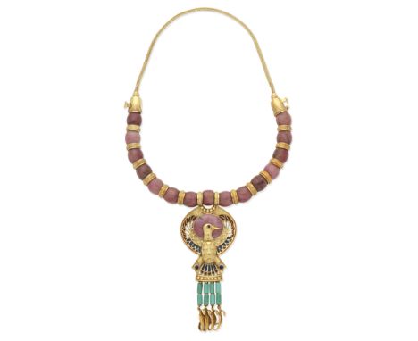 GEM-SET AND ENAMEL NECKLACERhodonite and turquoise beads, set with rhodonite plaque, lapis lazuli cabochons and polychrome en