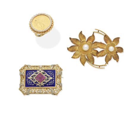 TWO GEM-SET BROOCHES AND ONE RING1st: Bicoloured set with circular-cut rubies and blue enamel, 2nd: Set with cultured pearls,