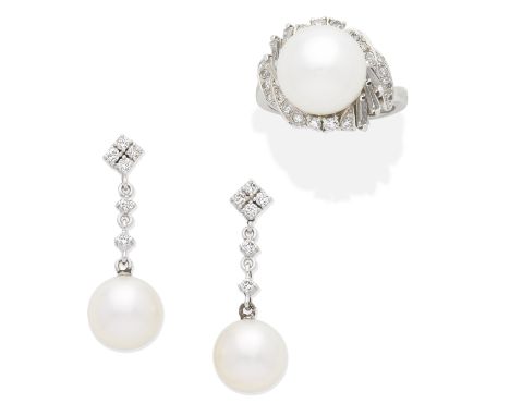 CULTURED PEARL AND DIAMOND EARRINGS AND RING1st: Each earring with a 9.5mm cultured pearl and brilliant-cut diamonds, 2nd: Mi