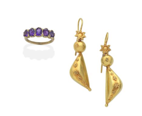 EARRINGS AND AMETHYST RING, LATE 19TH CENTURY1st: Each with granulation detail, 2nd: Set with oval-cut amethysts, lengths: 1s