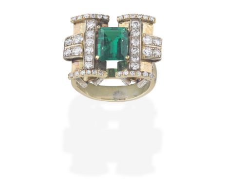 EMERALD AND DIAMOND RINGSet with a step-cut emerald and brilliant-cut diamonds, emerald approx. 2.05cts total, ring size appr