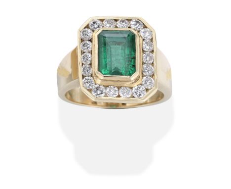 EMERALD AND DIAMOND RINGThe step-cut emerald within a brilliant-cut diamond surround, diamonds approx. 0.55ct total, emerald 