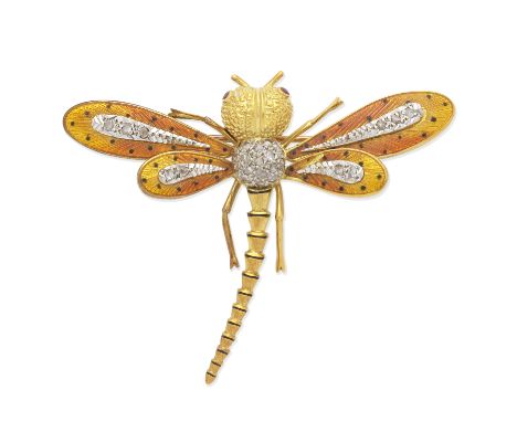 ENAMEL, RUBY AND DIAMOND DRAGONFLY BROOCHThe eyes set with circular-cut rubies, the abdomen and wings set with rose-cut diamo