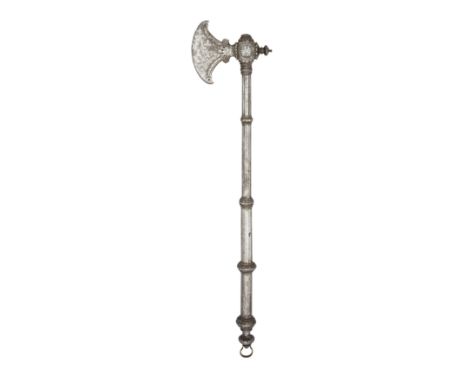 A SOUTH INDIAN AXE (PHARSA), 17TH/18TH CENTURY with curved axe-blade engraved with scrolls, linear borders and stylised birds