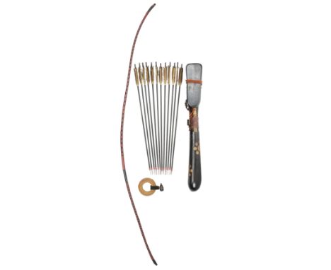 A JAPANESE BOW (YUMI), BOW-STRING REEL, TWELVE WAR ARROWS AND QUIVER (UTSUBO), EDO PERIOD, 19TH CENTURY the first with slight