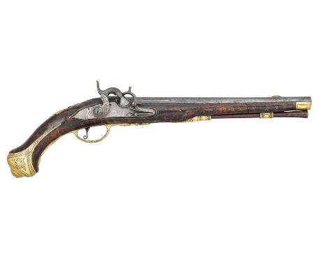 ‡ A 22 BORE LIEGOIS PERCUSSION LONG HOLSTER PISTOL BY H. DEVILLERS, CIRCA 1740 converted from flintlock, with blued swamped s