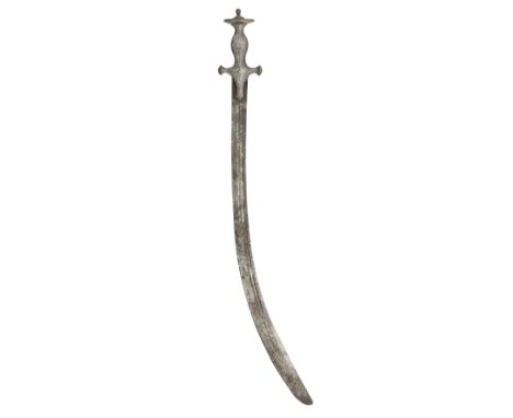 AN INDIAN SWORD (TALWAR), 19TH CENTURY with curved blade double-edged towards the point and formed with a pair of long slende