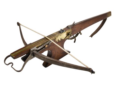 A FLEMISH TARGET CROSSBOW, LATE 17TH/18TH CENTURY with robust steel bow stamped with three star marks on the inside and a fur