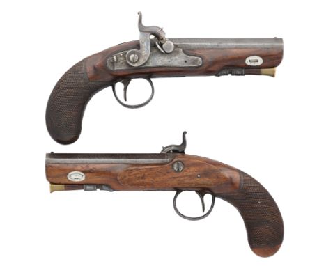 ‡ A PAIR OF 32 BORE PERCUSSION TRAVELLING PISTOLS SIGNED HARVEY, EXETER, BIRMINGHAM PROOF MARKS, CIRCA 1830 converted from fl