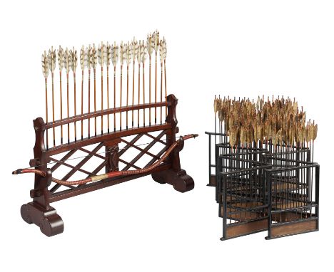 A JAPANESE INDOOR ARCHERY SET AND A PAIR OF RACKED ARROWS FOR INDOOR USE, EARLY 20TH CENTURY. the first comprising lacquered 