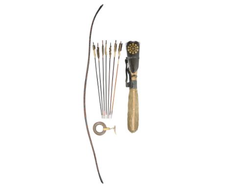 A JAPANESE BOW (YUMI), BOW-STRING REEL, SEVEN WAR ARROWS AND QUIVER (UTSUBO), LATE EDO PERIOD, 19TH CENTURY/EARLY 20TH CENTUR