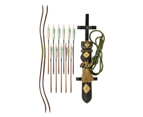 A JAPANESE INDOOR ARCHERY SET, COMPRISING TWO BOWS (YUMI), TEN ARROWS, A QUIVER (YADZUTSO), EDO PERIOD, AND A DECORATED STAND
