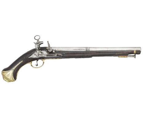‡ AN 18 BORE NEAPOLITAN MIQUELET-LOCK HOLSTER PISTOL SIGNED A.B. PENZA, DATED 1776 with swamped barrel formed in two stages, 