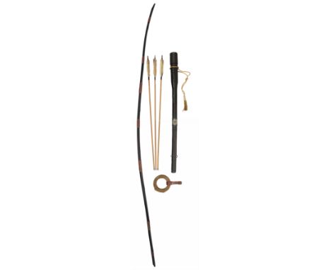 A JAPANESE BOW (YUMI), BOW-STRING REEL, THREE ARROWS AND QUIVER (YADZUTSU), LATE EDO PERIOD, 19TH CENTURY/EARLY 20TH CENTURY 