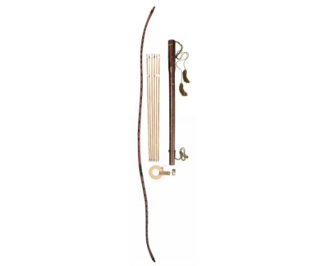 A JAPANESE BOW (YUMI), BOW-STRING REEL, SIX ARROWS AND QUIVER (YADZUTSU), LATE EDO PERIOD, 19TH CENTURY AND 20TH CENTURY the 