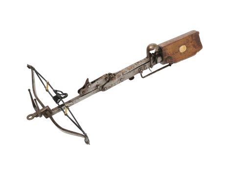 A GERMAN SPORTING STONEBOW (SCHNEPPER), EARLY 17TH CENTURY with slender steel bow fitted with later string, a pair of fore-si