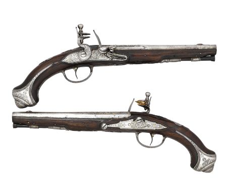 ‡ A PAIR OF 25 BORE CONTINENTAL FLINTLOCK HOLSTER PISTOLS, CIRCA 1780 each with tapering sighted barrel inscribed ‘Lazaro Laz