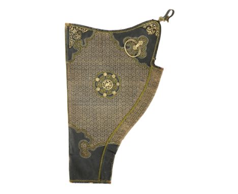 A RARE CHINESE OFFICER’S BOW CASE, QING DYNASTY, 19TH CENTURY with leather body decorated with gold thread, applied with shap