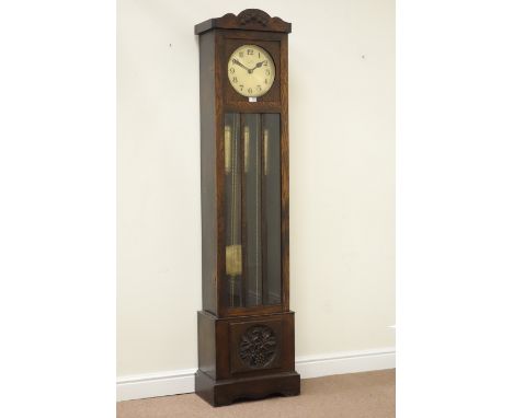 Early 20th century oak longcase clock, triple weight driven, dial signed C.P.Page Hyde Park Corner Cambridge 
CLOCKS & BAROME