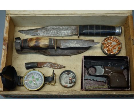 Mondial Brevettata starting pistol, boxed with instructions and blanks; Engineer compass and two Bowie knives