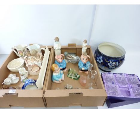 Nao figurine, Wade for Natwest pigs, five Stuart crystal tumblers, Victorian and later decorative ceramics in two boxes