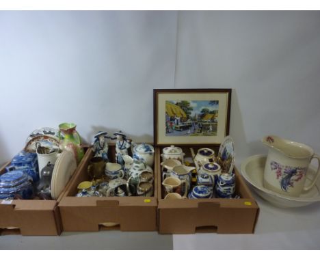 Collection of Ringtons decorative ceramics, pair blue and white oriental figures, basin and ewer set, other decorative cerami