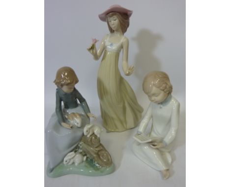 Three Nao figures - child reading, girl with rabbits and lady with a flowers (a/f) Condition Report Click here for further im