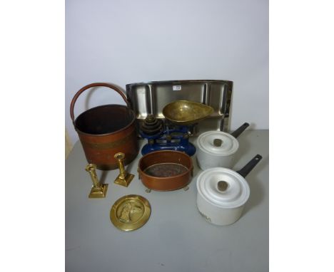 Vintage kitchen scales with weights, copper and brass bound coal bin, two Agaluxe saucepans, pair brass candlesticks, brass d