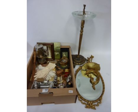 Miner's safety lamp, two hallmarked silver spoons, ornate ashtray on stand, bevel edge mirror, vintage gloves and other misce