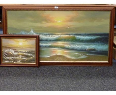 Sunset, large contemporary seascape,  oil on board 134cm x 72cm and another smaller seascape 