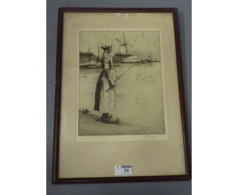 Dutch Fisherwoman, early 20th century monochrome etching signed G(ertrude) Hayes
